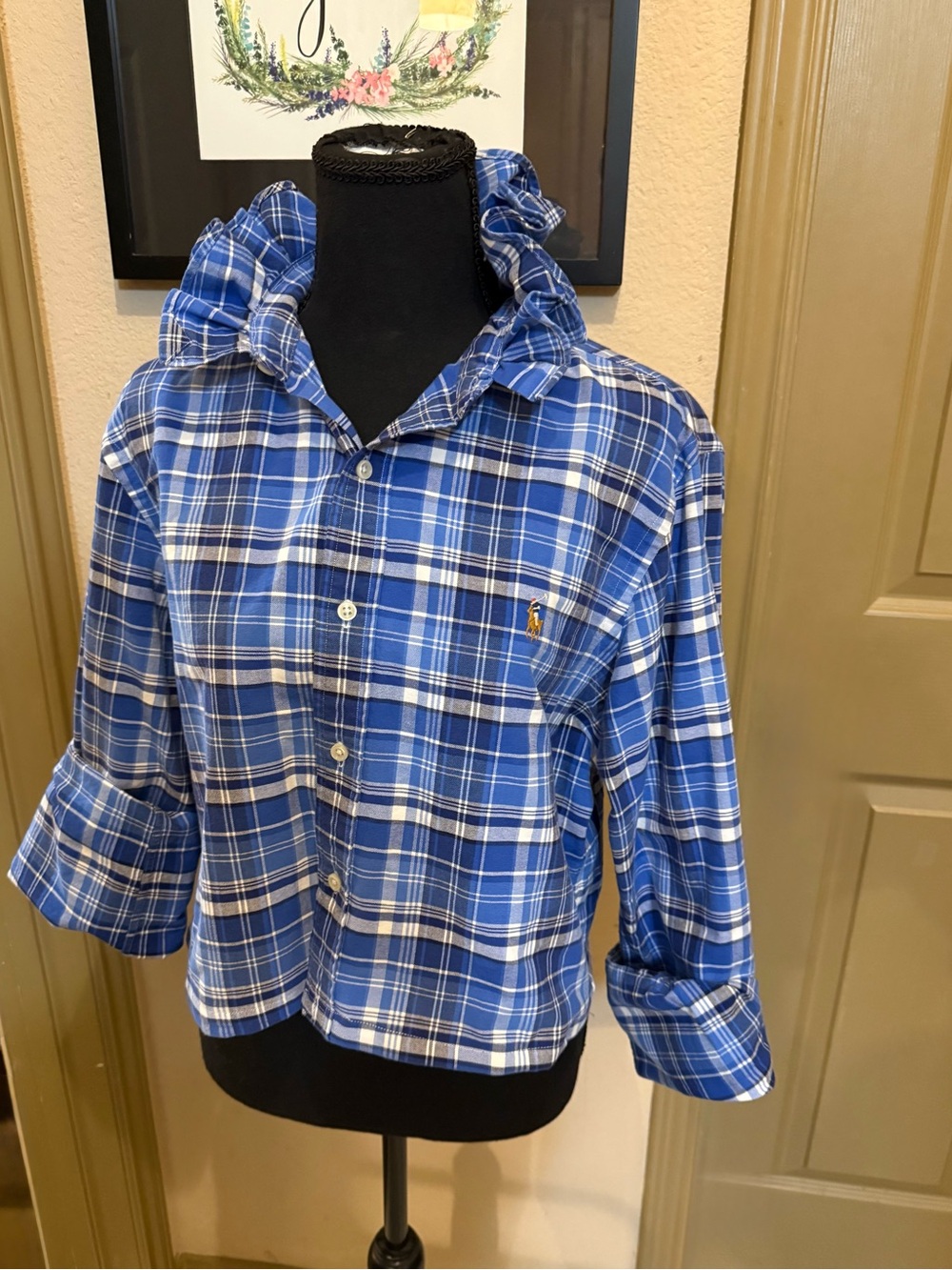 Ralph Lauren Blue and White Plaid Button-Down Shirt Upcycled Preppy